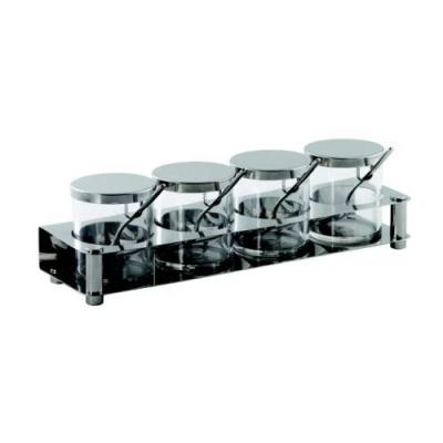 CONDIMENT SET S/STEEL INCLUDES: 4 JARS + SPOONS +TRAY 360 x 110 x 107mm 1.47 KG